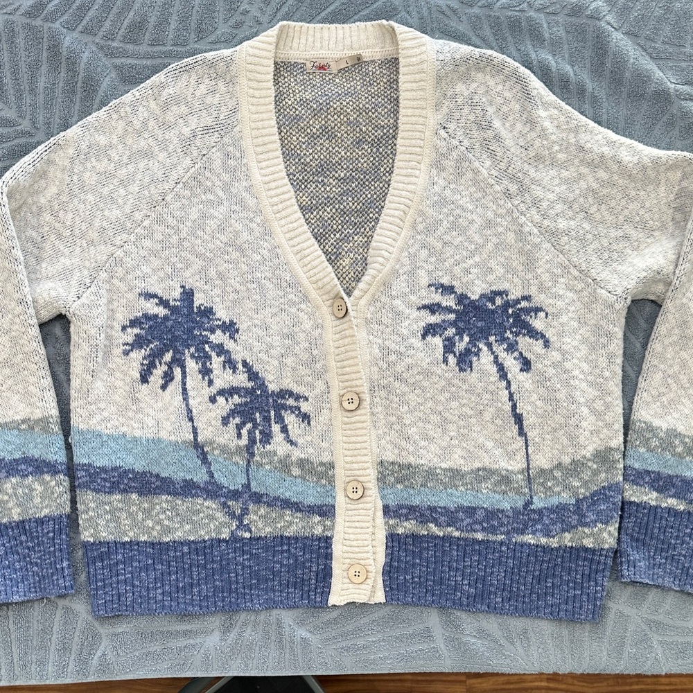 Faherty Palms Cream and Blue Knit Cardigan Sweater
